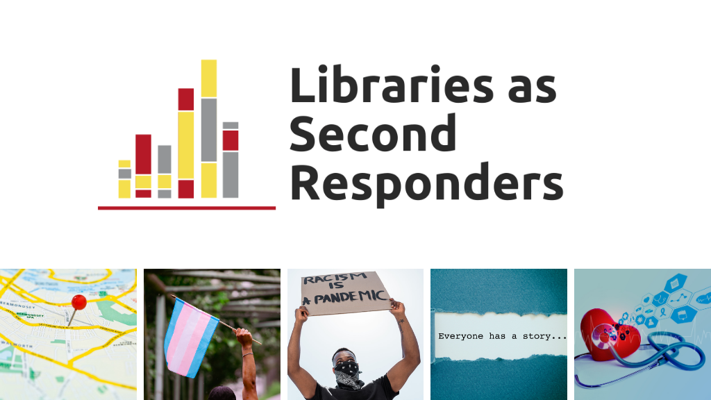 Libraries as Second Responders with a collage of five images representing asset mapping, transgender rights, racism as a health crisis, story listening, and health data for equity.